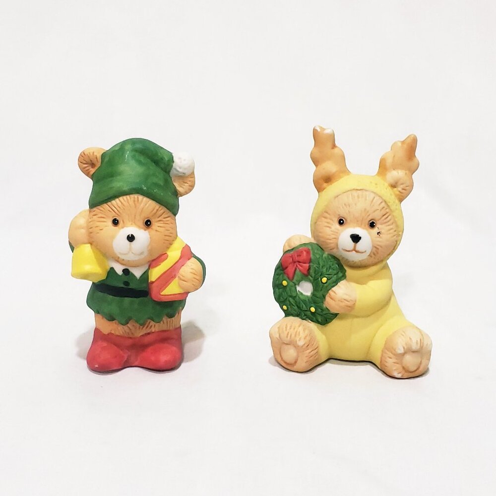 Lot Teddy Bear Dressed as Elf and Reindeer 3" Young's Inc. Christmas Figurine